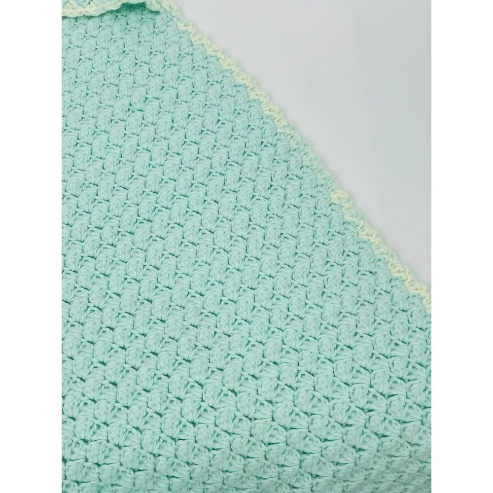 Vintage Hand Knit Crochet Hooded Baby Blanket Sea Green 25